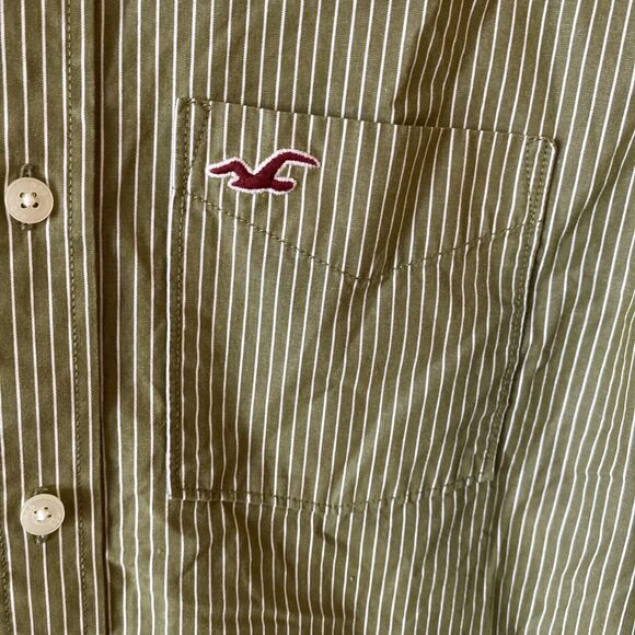 Hollister Men’s Button Down Shirt Size Medium Green Striped Long Sleeve - Picture 7 of 13
